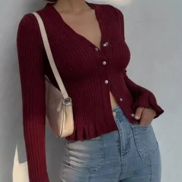 Commense Sweaters - Commense Ruffled Trim Pearl Button Long Sleeve Cardigan - Fuchsia